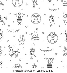 outline seamless pattern of cute cartoon circus animals and elements, acrobat cat, strongman hippo, panda on ball, horse with plume, seal lion and rabbit in hat, outline flat vector illustration