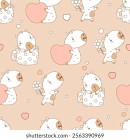 Outline Seamless pattern. Cute cartoon Capybara with heart, flower and calm animal in polka dot cup on light brown background. Vector illustration. Line drawing valentine template