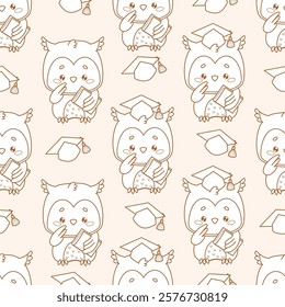 Outline Seamless pattern. Cute cartoon owl bird with graduation cap and book on beige background. Line drawing. Vector illustration. Kids collection