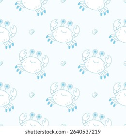 Outline Seamless Pattern with Cute Crab Sea animal on light blue Background. Vector Illustration. Line drawing. Kids collection