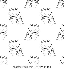 outline seamless pattern of cute dragon and christmas tree, cartoon vector illustration with symbol of new year, background for packaging, wallpaper