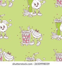 Outline Seamless Pattern. Cute Guava Groovy Character with Drink Cocktail smoothie with Ice cubes and Mint leaves on green Background. Funny happy cartoon retro Fruit. Line drawing Vector illustration