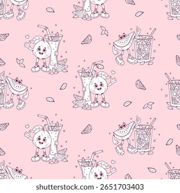Outline Seamless Pattern. Cute Guava Groovy Character with Drink Cocktail with Ice cubes and Mint leaves on Pink Background. Funny cartoon retro Fruit. Line drawing. Vector illustration. Not AI