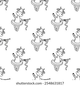 outline seamless pattern of cute little giraffe, black and white vector illustration with circus animal