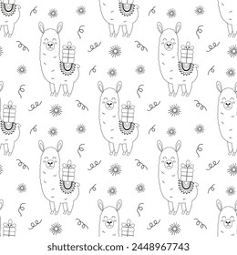 outline seamless pattern with cute llama, confetti and gift, vector illustration of animal for birthday or new year decoration, flat style