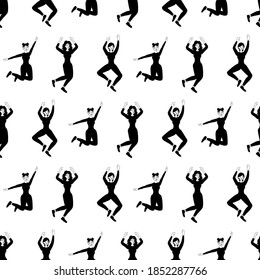 Outline seamless pattern with dancing adorable girls on a white background. Cheerful dancers in a flat style. Relaxed happy women. Club party. Stock vector illustration for design, decor, fabric