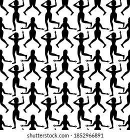 Outline seamless pattern with dancing exquisite girls on a white background. Cheerful dancers in a flat style. Relaxed happy woman. Club party.
Stock vector illustration for design, decor, fabric