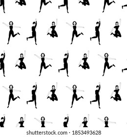 Outline seamless pattern with dancing graceful girls on a white background. Cheerful dancers in a flat style. Relaxed happy woman. Club party.
Stock vector illustration for design, decor, fabric
