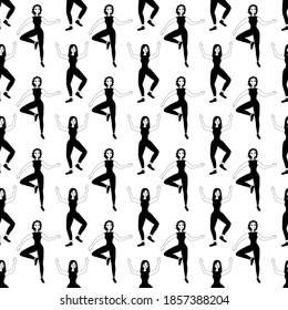 Outline seamless pattern with dancing marvelous girls on a white background. Cheerful dancers in a flat style. Relaxed happy woman. Club party.
Stock vector illustration for design, decor, fabric