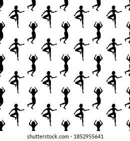 Outline seamless pattern with dancing stylish girls on a white background. Cheerful dancers in a flat style. Relaxed happy woman. Club party.
Stock vector illustration for design, decor, fabric