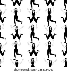 Outline seamless pattern with dancing wonderful girls on a white background. Cheerful dancers in a flat style. Relaxed happy woman. Club party.
Stock vector illustration for design, decor, fabric