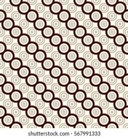 Outline seamless pattern with diagonal lines and circles. Repeated geometric figures ornamental abstract background. Modern ornamental motif. Digital paper, textile print, page fill. Vector art