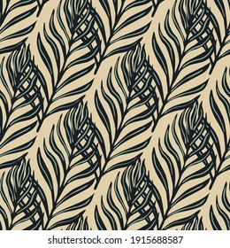 Outline seamless pattern with doodle fern foliage shapes print. Light beige background. Doodle design. Stock illustration. Vector design for textile, fabric, giftwrap, wallpapers.