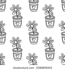 Outline seamless pattern with eco flower in biodegradable cup for sustainability