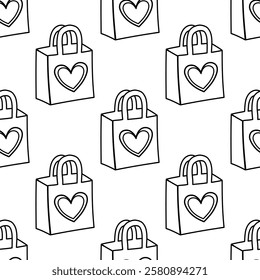 Outline seamless pattern with eco shopping bags and heart design