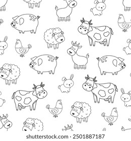 outline seamless pattern with farm animals in flat style, vector illustration with cow, sheep, rabbit, pig, goat and chicken