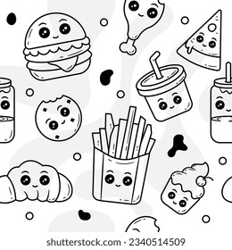 Outline Seamless Pattern Fast Food Kawaii Doodle