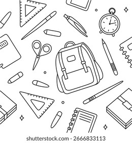 Outline seamless pattern featuring essential school items for creative backgrounds.
