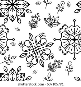 Outline seamless pattern. Floral elements. Simple linear background in minimalistic style. Vector illustration
