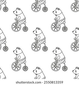 umreißen nahtloses Muster mit lustigen Cartoon Zirkus Bär tragen Fliege beim Fahrradfahren auf weißem Hintergrund, flache Vektorgrafik für Stoffdruck