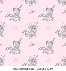 Outline Seamless Pattern with Guava Drink with tropical Fruit slices and Mint leaves on light Pink Background. Summer Refreshing Cocktail. Line hand drawing. Vector illustration