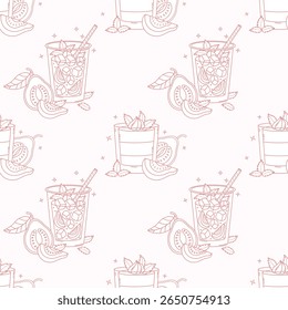 Outline Seamless Pattern with Guava Drink Refreshing Cocktail with Ice and Creamy sweet dessert with tropical Fruit slices and Mint leaves on white Background. Line hand drawing. Vector illustration