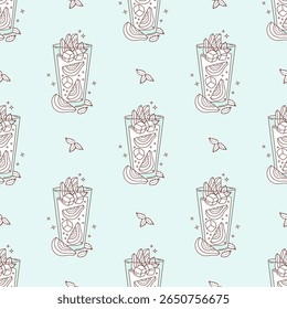 Outline Seamless Pattern with Guava Drink with tropical Fruit slices, ice cubes and Mint leaves on light blue Background. Summer Refreshing Cocktail. Line hand drawing. Vector illustration