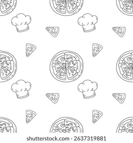 Outline seamless pattern hand draw of pizza and chef's hat.