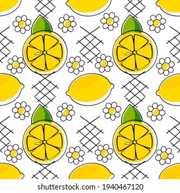 Outline seamless pattern with hand drawn contoured lemon and leaves. Doodle fruit background for drinks packaging or kitchen design. Vector illustration