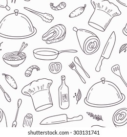 Outline seamless pattern with hand drawn food. Background in black and white for cafe or kitchen design. Vector illustration