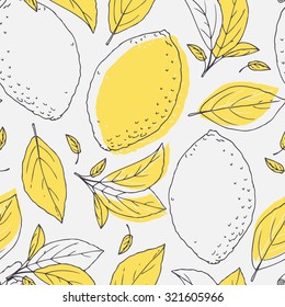 Outline seamless pattern with hand drawn contoured lemon and leaves. Doodle fruit background for drinks packaging or kitchen design. Vector illustration