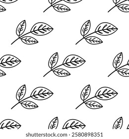 Outline seamless pattern with hand-drawn botanical branches and delicate green leaves