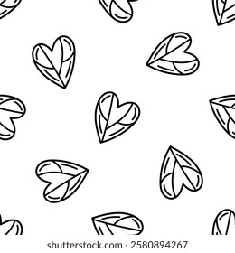 Outline seamless pattern with hand-drawn leaves shaped like hearts