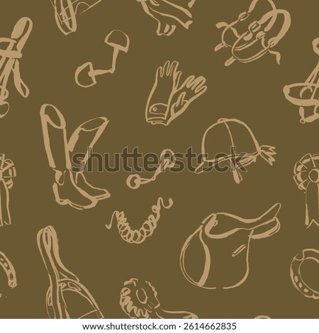 Outline seamless pattern with horseback riding items, hand drawn illustration, fabric design