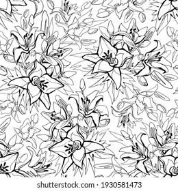 Umrissenes, nahtloses Muster mit Lily Blumen, handgezeichnet auf weißem Hintergrund. Blumenskizze aus gegossenen Blumen für Textilien, Tapeten, Stoff, Verpackung, Umhüllungspapier, Watte-Design, Bettwäsche.