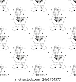 outline seamless pattern with llama princess and stars, creative childish texture, great for fabric, textile, flat vector Illustration with cute animal in crown