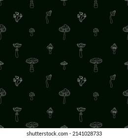 Outline seamless pattern with mushrooms. Flat vector illustration.