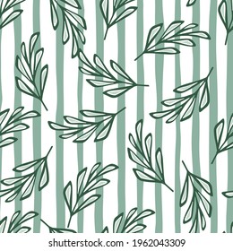 Outline seamless pattern with random doodle stylized branches print. Blue and white striped background. Designed for fabric design, textile print, wrapping, cover. Vector illustration.