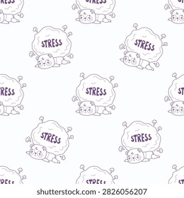 Outline Seamless Pattern Sad Tired Kawaii Panda Lying Crushed By Heavy Boulder With Stress Text On White Background. Emotional Burnout And Mental Pressure. Vector Illustration Line drawing, coloring 