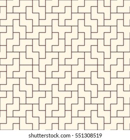 Outline seamless pattern with simple geometric ornament. Repeated puzzle mosaic abstract background. Modern style surface texture. Digital paper, textile print, page fill. Vector art