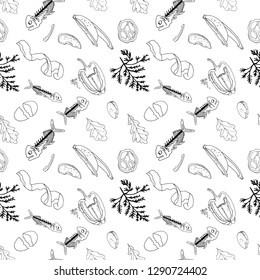 Outline seamless pattern with sorted organic garbage isolated on white. Part 7 of separate debris collection. Vector hand drawn set of trash. Concept of Recycles Day, World Cleanup Day and ecology.