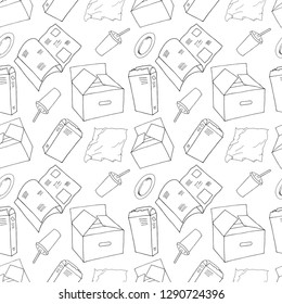 Outline seamless pattern with sorted paper garbage isolated on white. Part 5 of separate debris collection. Vector hand drawn set of trash. Concept of Recycles Day, World Cleanup Day and ecology.
