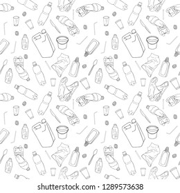 Outline seamless pattern with sorted plastic garbage isolated on white. Part 1 of separate debris collection. Vector hand drawn set of trash. Concept of Recycles Day, World Cleanup Day and ecology.