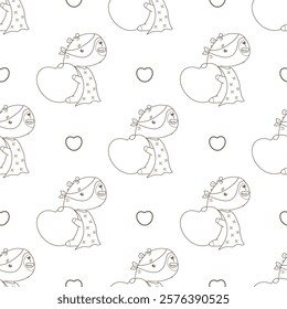 Outline Seamless Pattern Superhero Capybara in hero mask and raincoat with big Heart on white background. Line drawing. Vector illustration. Romantic valentine template