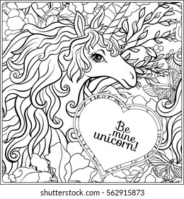 Outline seamless pattern with unicorn. Outline drawing coloring page. Coloring book for adult. Stock line vector illustration.