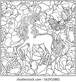 Outline seamless pattern with unicorn. Outline drawing coloring page. Coloring book for adult. Stock line vector illustration.