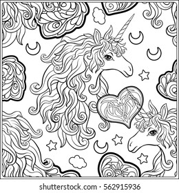 Outline seamless pattern with unicorn. Outline drawing coloring page. Coloring book for adult. Stock line vector illustration.