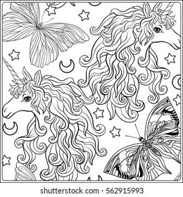 Outline seamless pattern with unicorn. Outline drawing coloring page. Coloring book for adult. Stock line vector illustration.