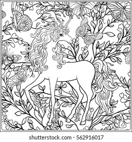 Outline seamless pattern with unicorn. Outline drawing coloring page. Coloring book for adult. Stock line vector illustration.