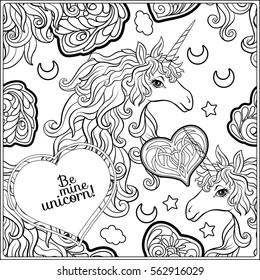 Outline seamless pattern with unicorn. Outline drawing coloring page. Coloring book for adult. Stock line vector illustration.